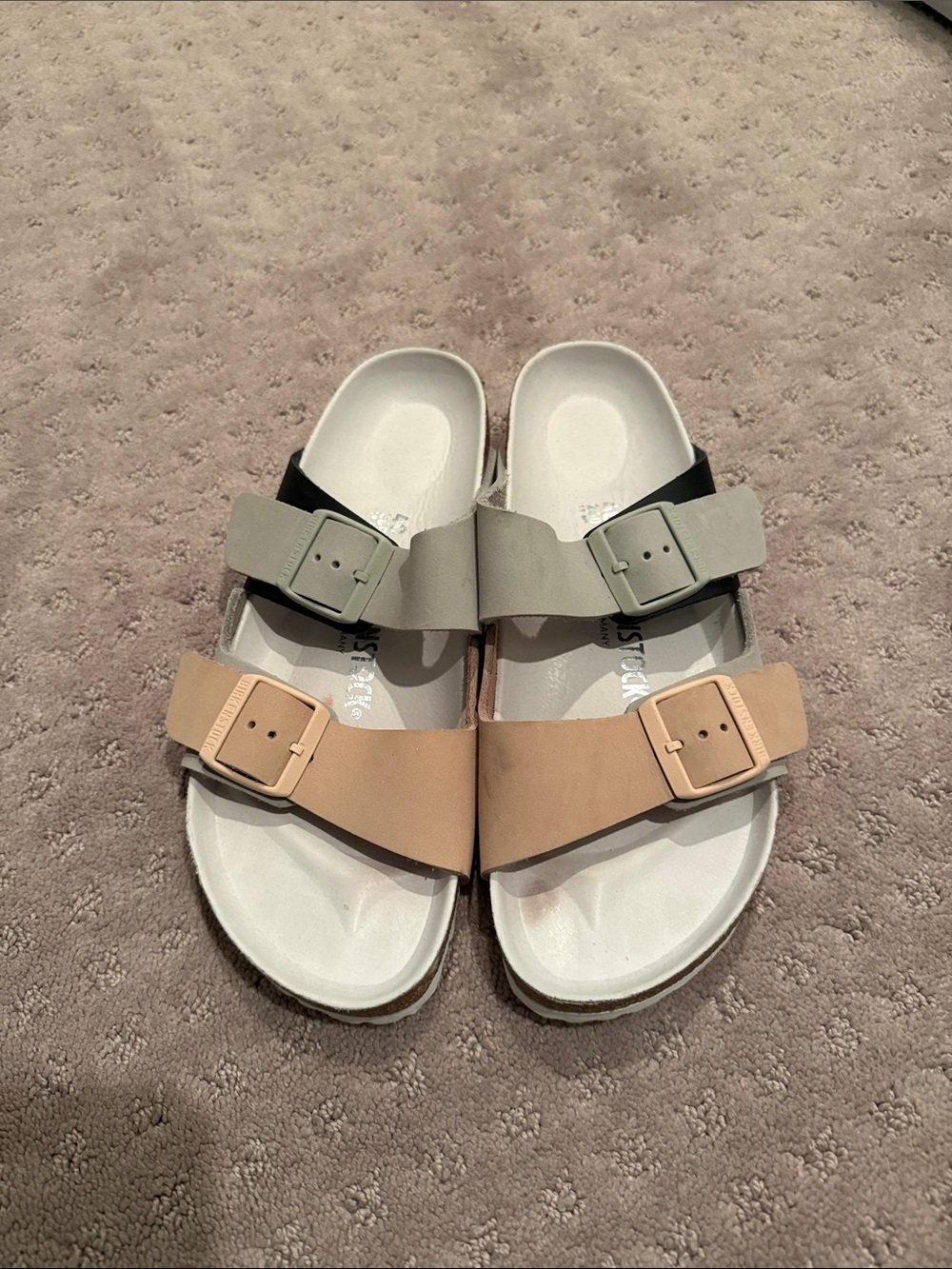 Birkenstock Two-Buckle Sandals in Beige, Light Gray & Black